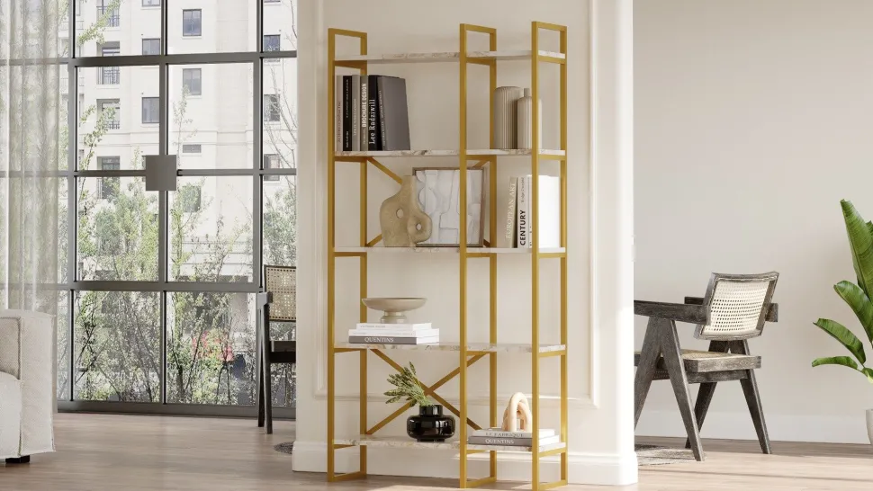 Étagère bibliothèque Opawa L87,5cm Métal Or et Bois Effet marbre Blanc