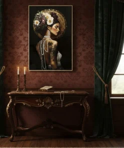 Toile décorative portrait féminin cadre orné couleurs intenses