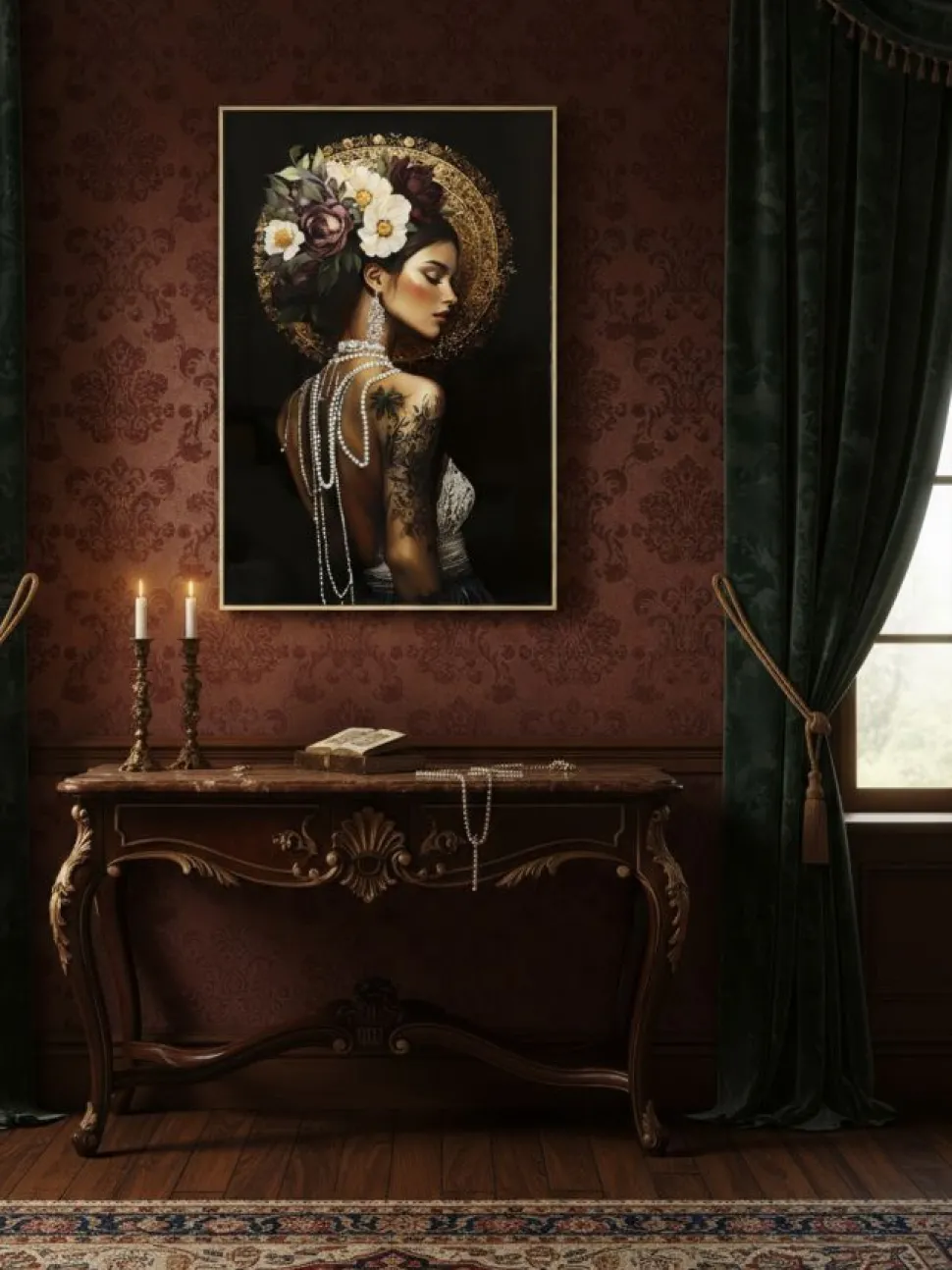 Toile décorative portrait féminin cadre orné couleurs intenses