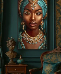 Toile laquée Maya visage exotique turquoise avec cadre