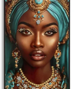 Toile laquée Maya visage exotique turquoise avec cadre