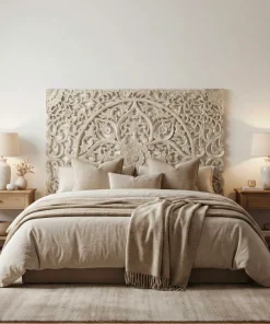 Tête de lit bois sculpté Serena 180cm Effet travertin Beige clair