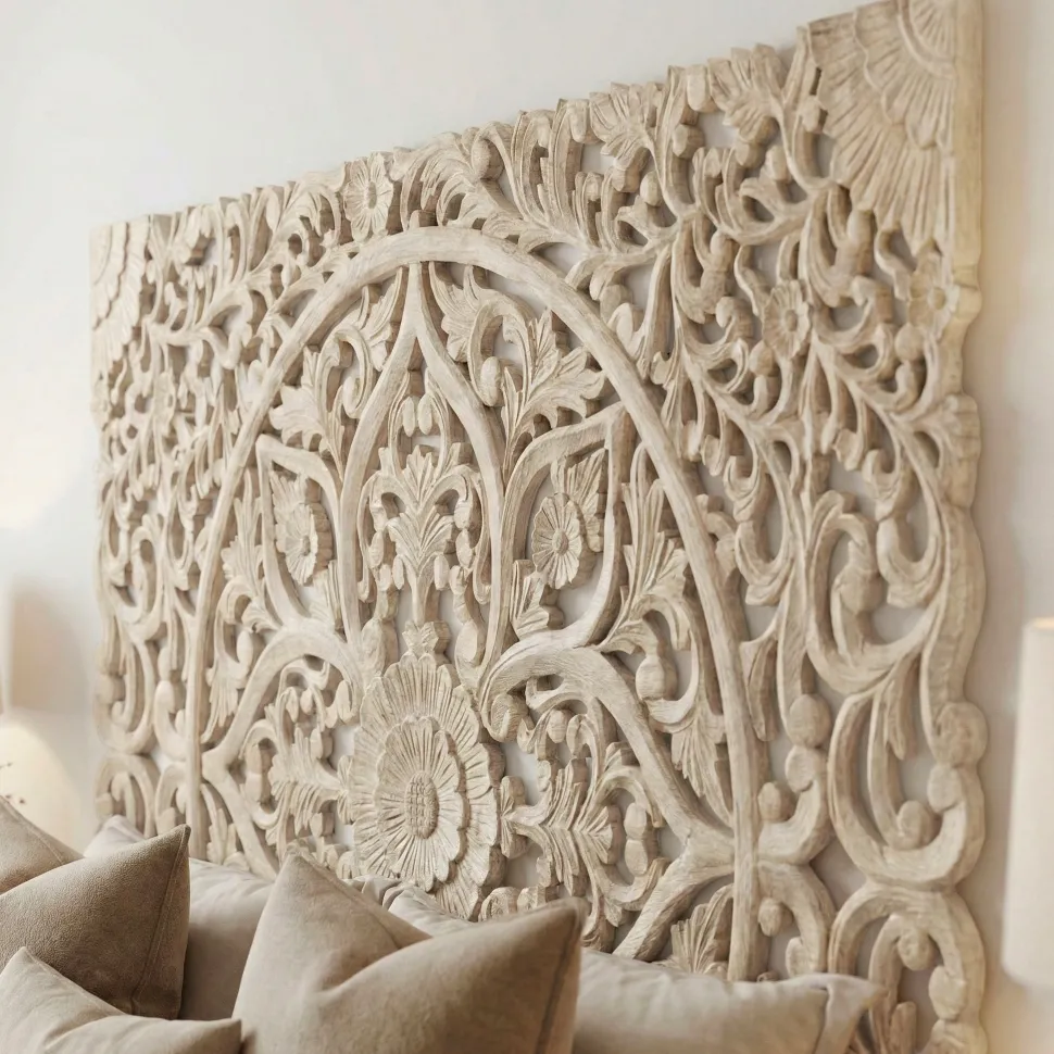 Tête de lit bois sculpté Serena 180cm Effet travertin Beige clair