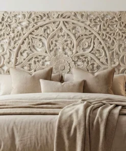 Tête de lit bois sculpté Serena 180cm Effet travertin Beige clair