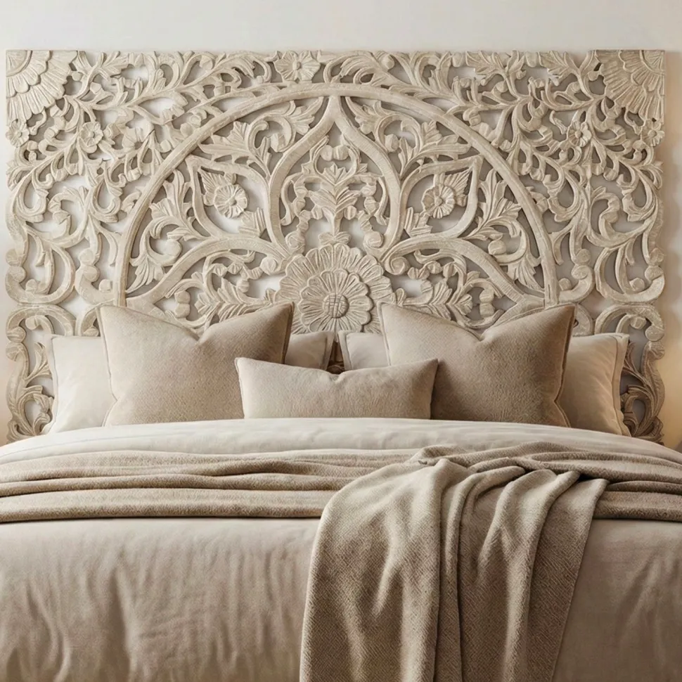 Tête de lit bois sculpté Serena 180cm Effet travertin Beige clair