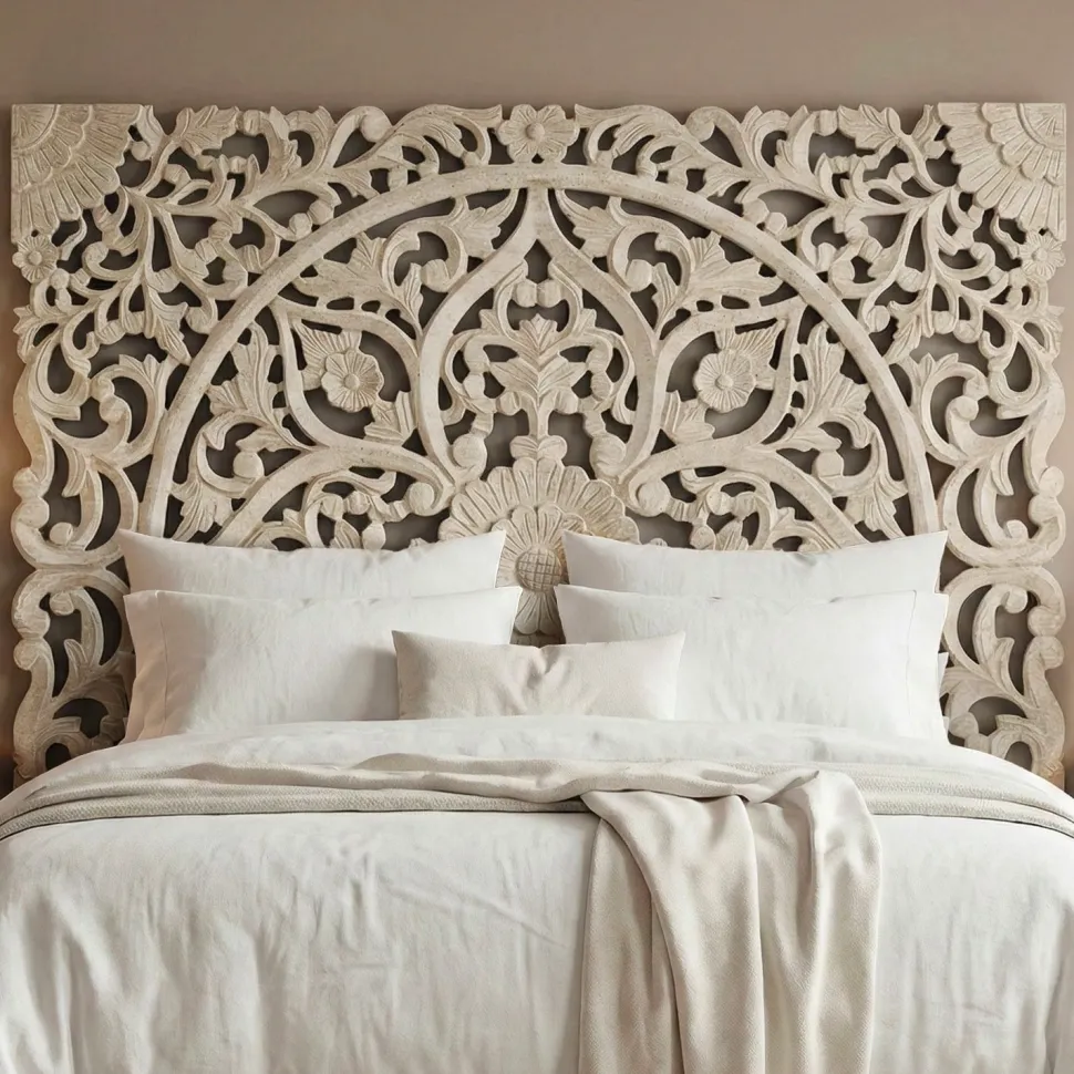 Tête de lit bois sculpté Serena 160cm Effet travertin Beige clair
