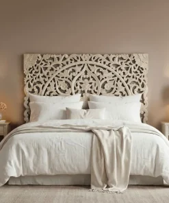 Tête de lit bois sculpté Serena 160cm Effet travertin Beige clair