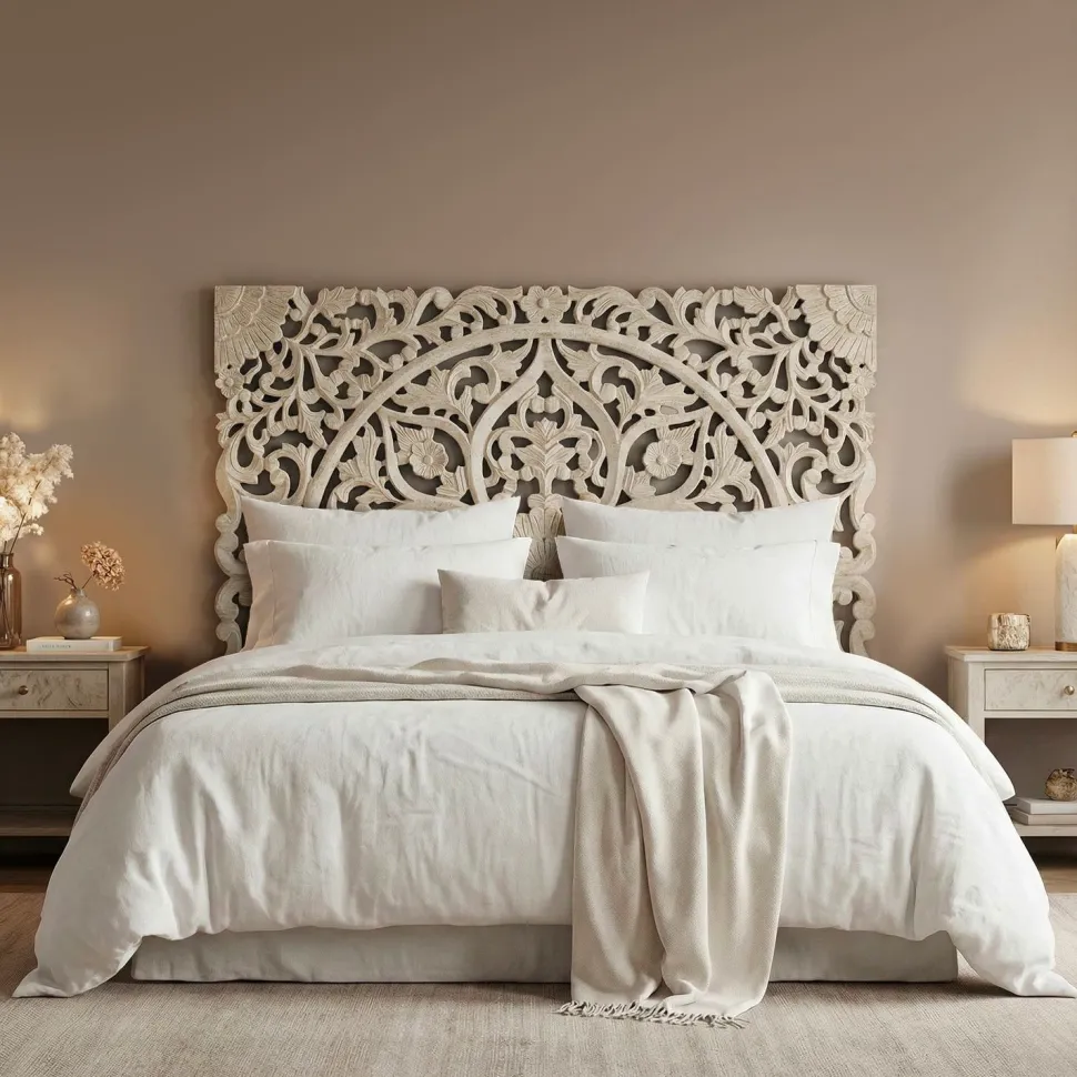 Tête de lit bois sculpté Serena 160cm Effet travertin Beige clair