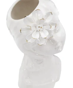 Vase buste féminin Céramique Blanc avec Fleur dorée