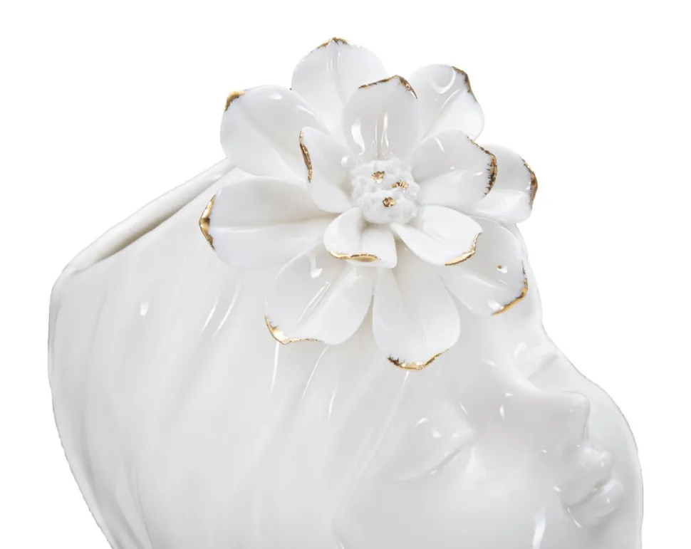 Vase buste féminin Céramique Blanc avec Fleur dorée