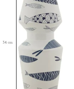 Vase céramique blanche décoré poissons motifs bleus