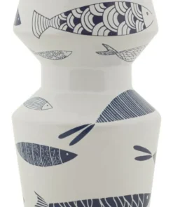 Vase céramique blanche décoré poissons motifs bleus
