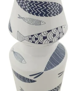 Vase céramique blanche décoré poissons motifs bleus