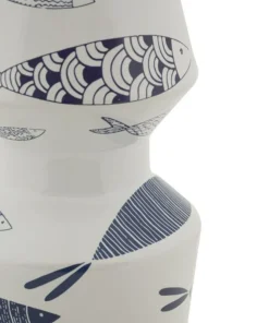 Vase céramique blanche décoré poissons motifs bleus