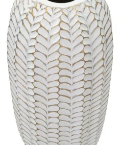 Vase décoratif motifs feuilles polyrésine Blanc et Or