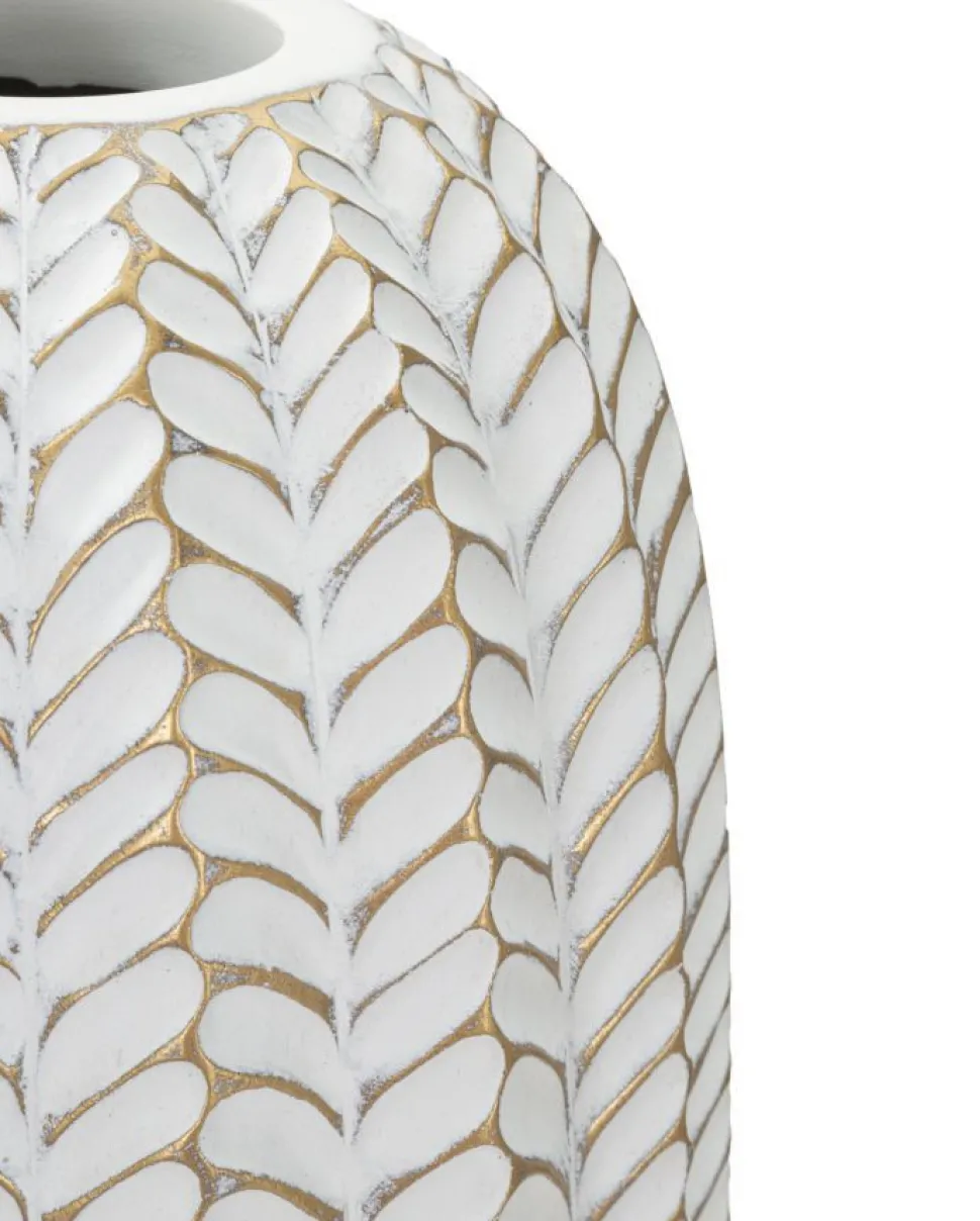 Vase décoratif motifs feuilles polyrésine Blanc et Or