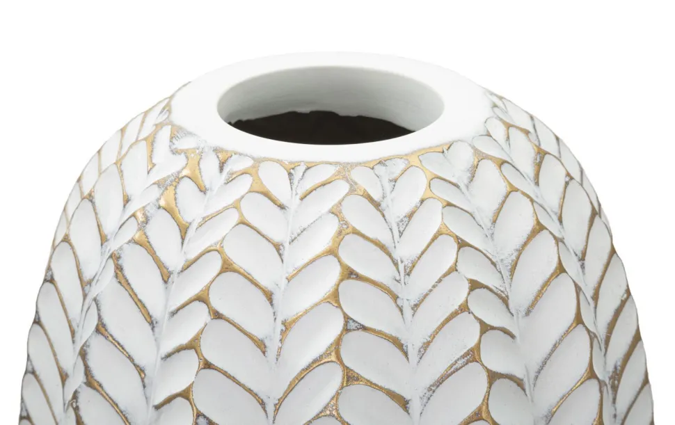 Vase décoratif motifs feuilles polyrésine Blanc et Or