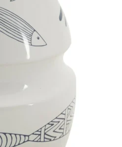 Vase en céramique blanche décoré de motifs de poissons et bleu