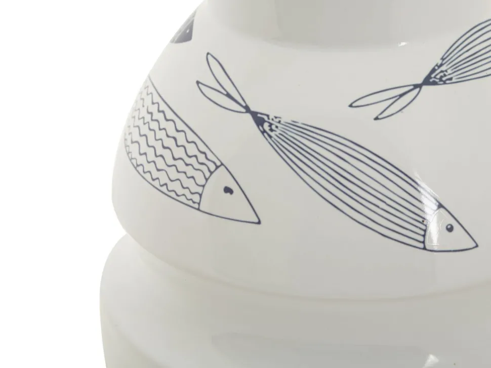Vase en céramique blanche décoré de motifs de poissons et bleu
