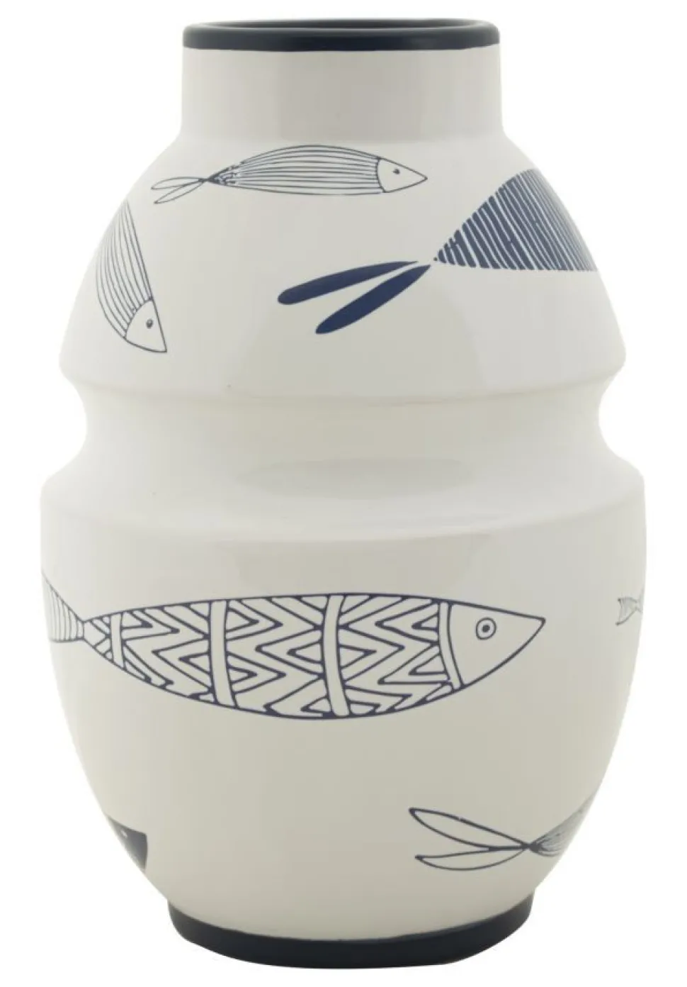 Vase en céramique blanche décoré de motifs de poissons et bleu