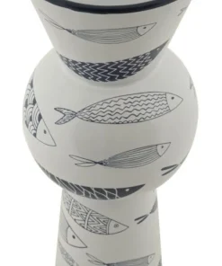 Vase haut en céramique blanche décor poissons bleu