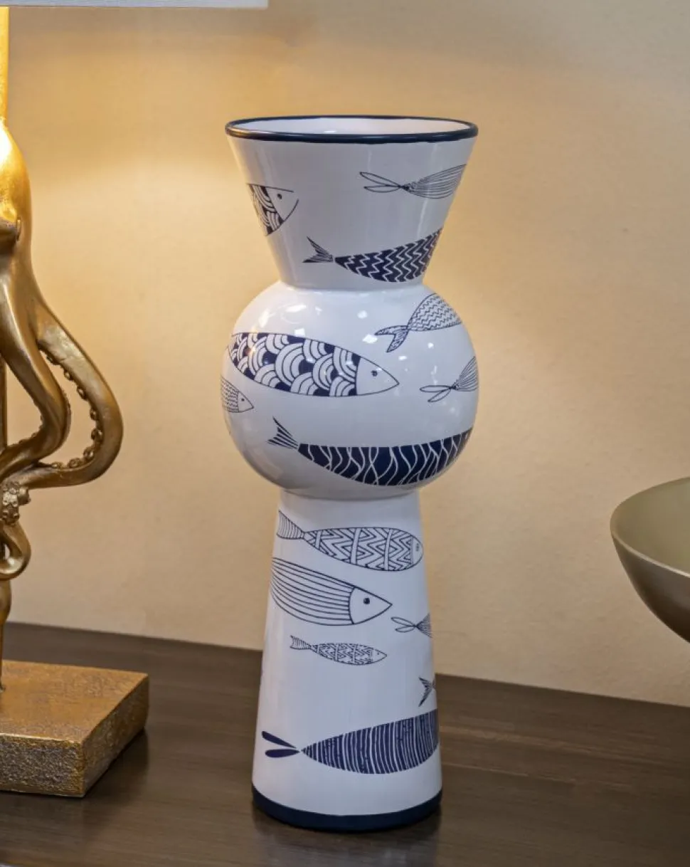 Vase haut en céramique blanche décor poissons bleu