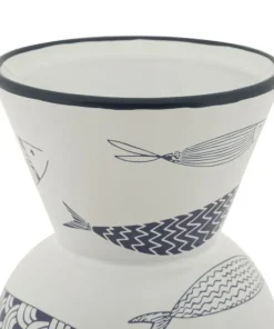 Vase haut en céramique blanche décor poissons bleu