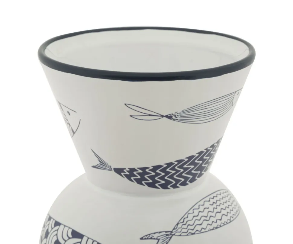 Vase haut en céramique blanche décor poissons bleu