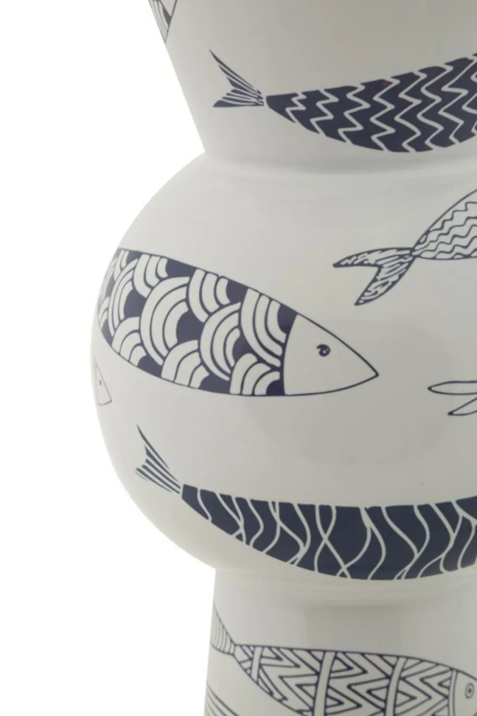 Vase haut en céramique blanche décor poissons bleu