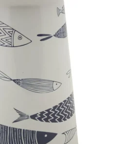 Vase haut en céramique blanche décor poissons bleu