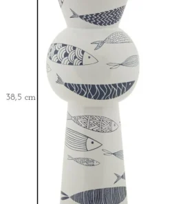 Vase haut en céramique blanche décor poissons bleu