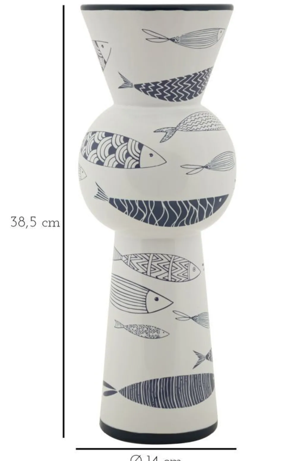 Vase haut en céramique blanche décor poissons bleu