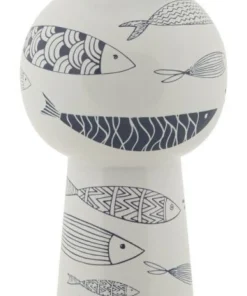 Vase haut en céramique blanche décor poissons bleu