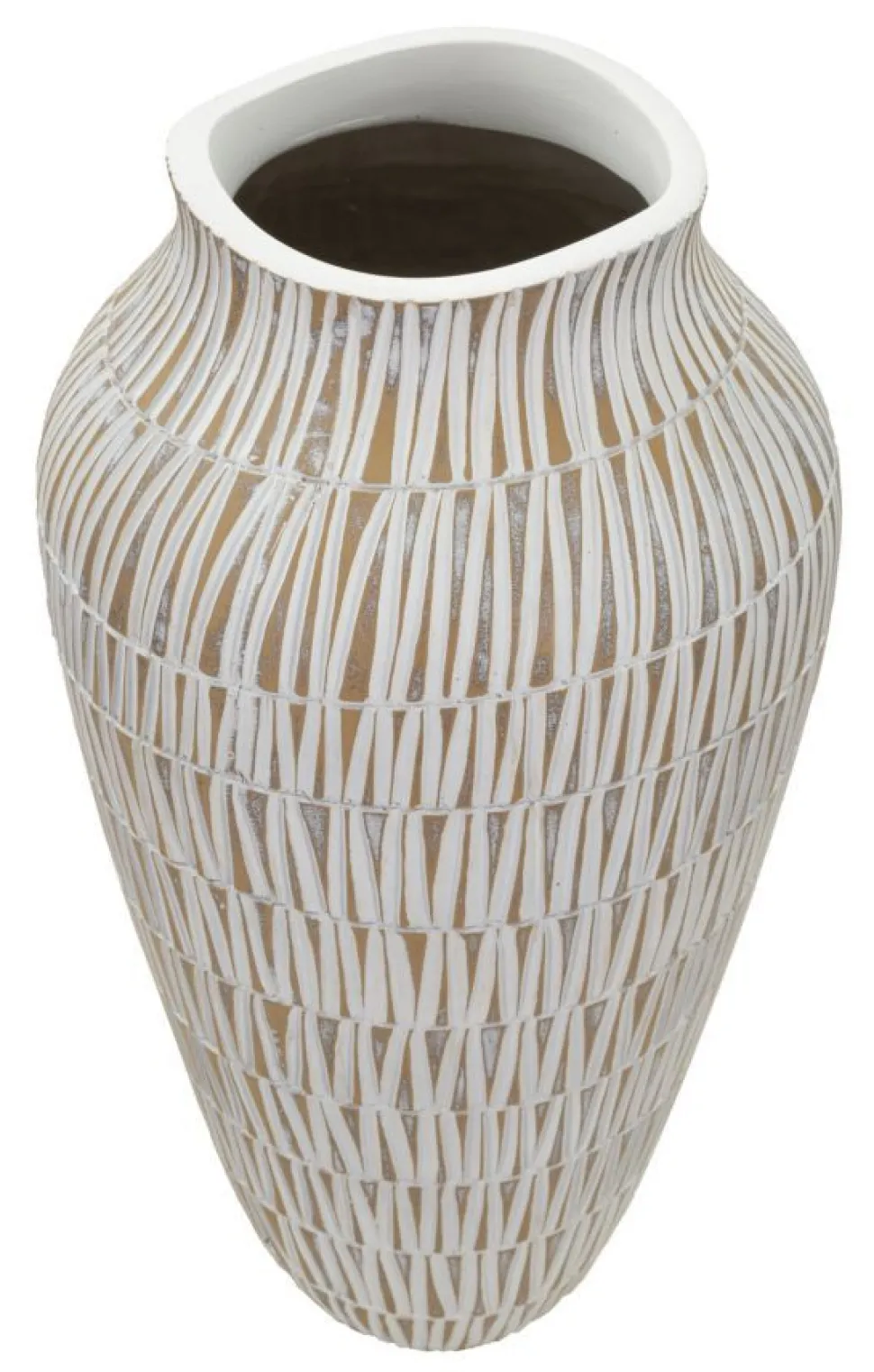 Vase polyrésine blanc décoré de sculptures géométriques et linéaires dorées