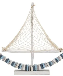 Voilier en bois massif avec voile en tissu et coque multicolore