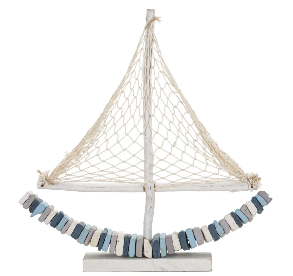 Voilier en bois massif avec voile en tissu et coque multicolore