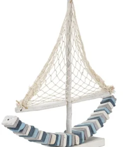 Voilier en bois massif avec voile en tissu et coque multicolore