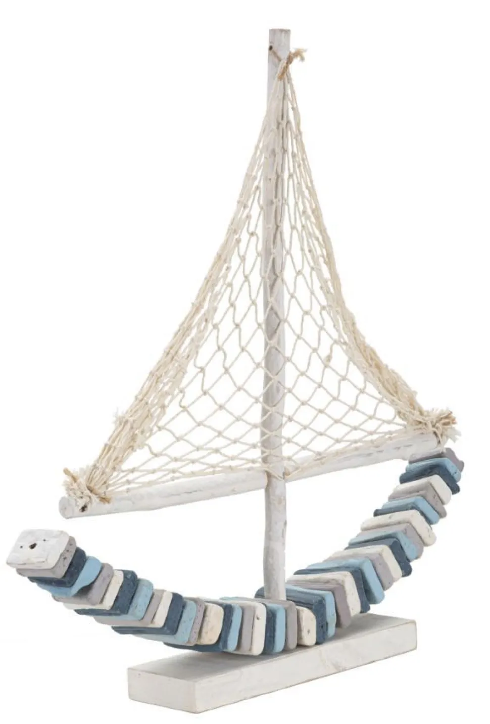 Voilier en bois massif avec voile en tissu et coque multicolore