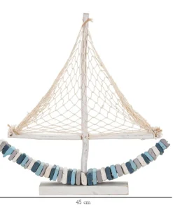 Voilier en bois massif avec voile en tissu et coque multicolore