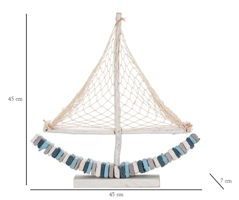 Voilier en bois massif avec voile en tissu et coque multicolore
